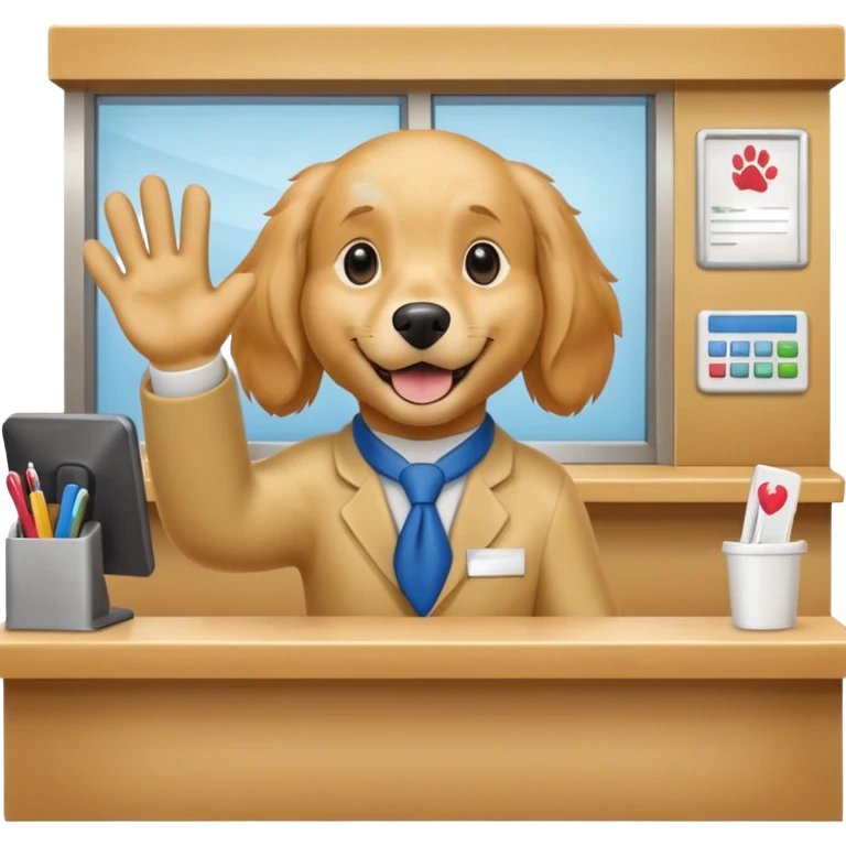 golden retriever receptionist emoji, waving paw, behind a counter, cheerful and welcoming emoji