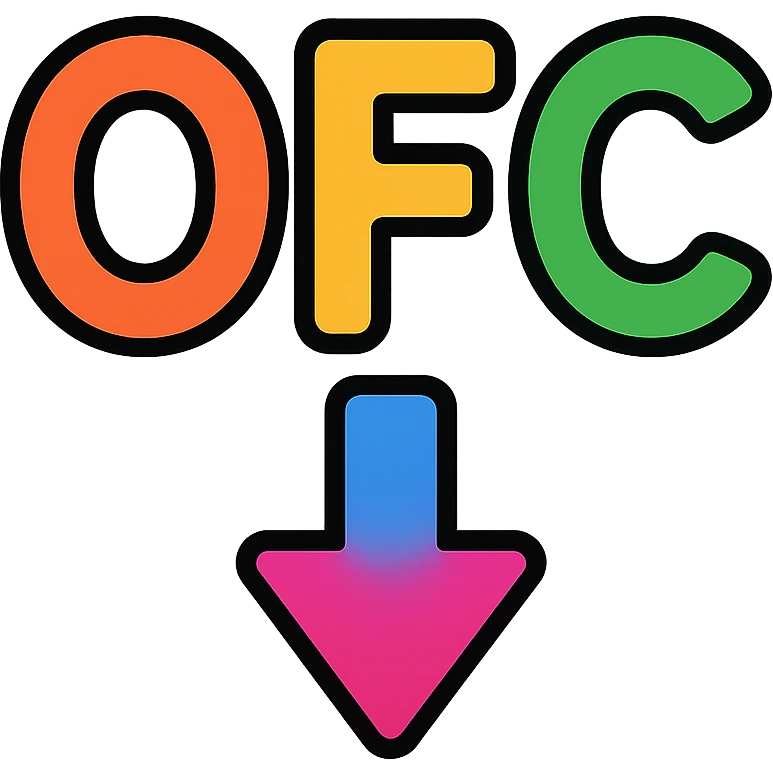 Letters OFC with a downward arrow underneath, using vibrant rainbow colors emoji