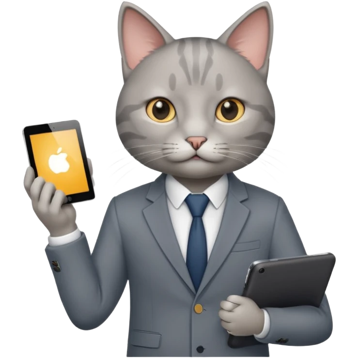 teacher cat tech smart appearance gray cat in blazer with ipad  emoji