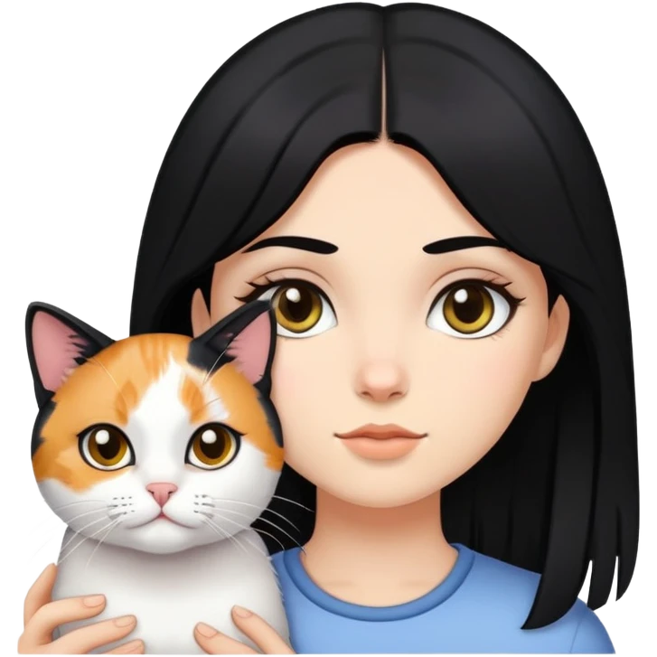 black haired black eyed white girl holding calico cat emoji