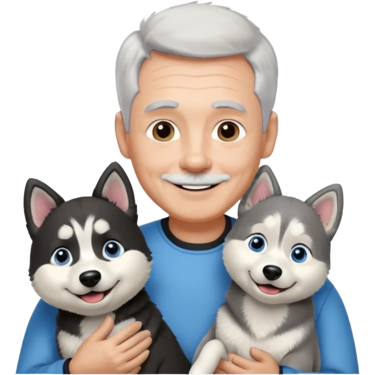 A smiling 60 year old man with blue eyes and short light gray hair and no facial hair, holding a single black and white husky dog with floppy ears and white tuft eyebrows  emoji