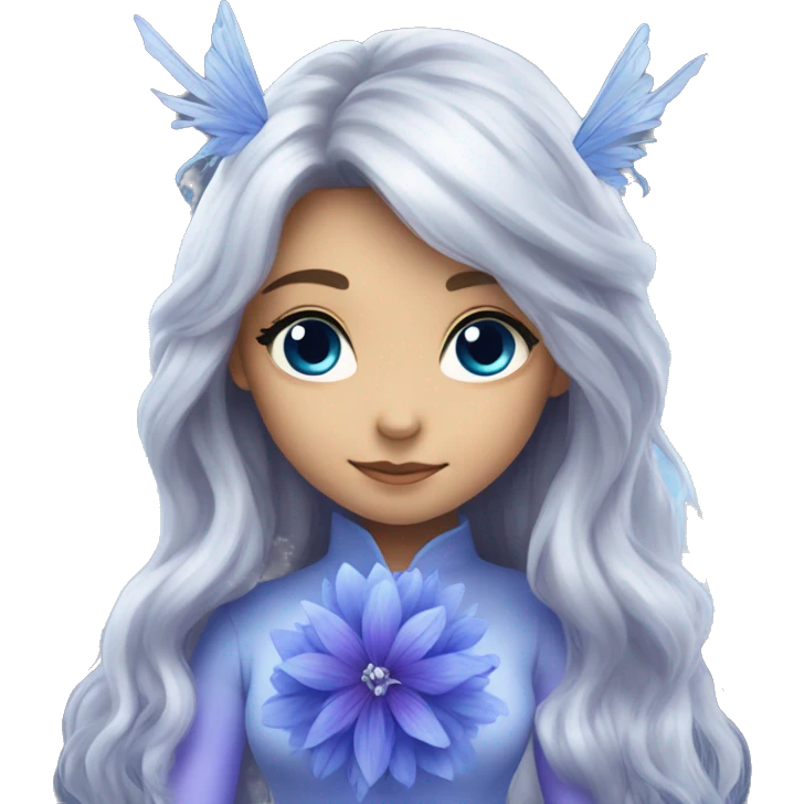 Beautiful, blue flower, fairy, blue, silver, purple, long hair, big wings emoji