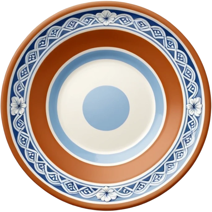 create me an image of ceramic plate in perspective view. with some white embossed ornament on sides emoji