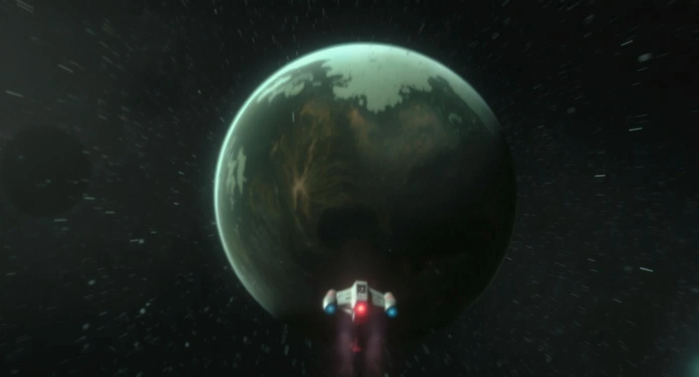 cinematic still, motion blur shutter speed, establishing shot, shot from top, entire globe green planet, single starship coming to planet, inspired by StarWars movie, captured by arri alexa  emoji