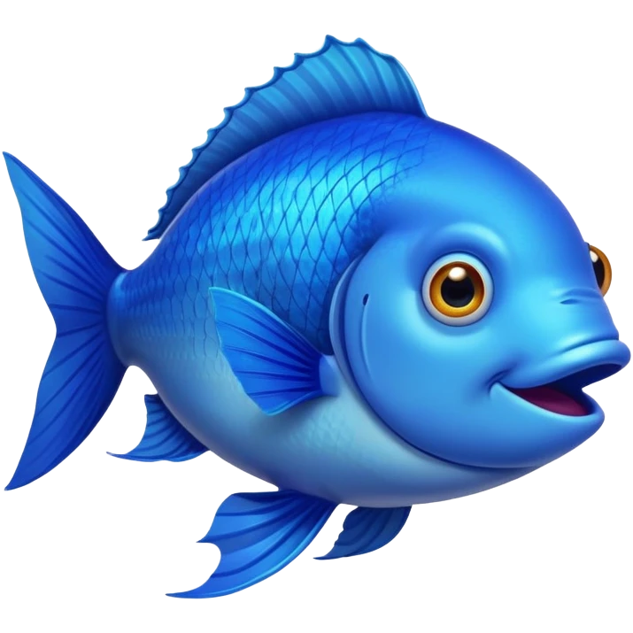 ridiculously stupid looking bright blue fish in side profile facing right, but with both crossed eyes somehow looking at viewer, dopey smile, flat 2D side view only emoji