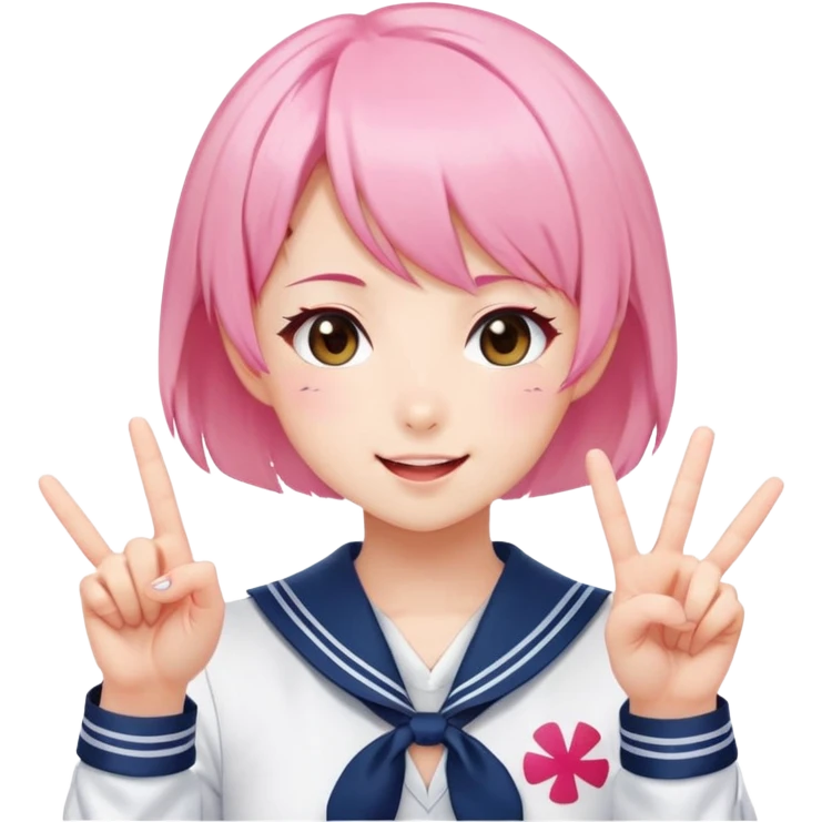 Energetic anime girl with short pink hair wearing Japanese sailor style school uniform, winking and making double peace signs, very cheerful and bubbly, kawaii style emoji
