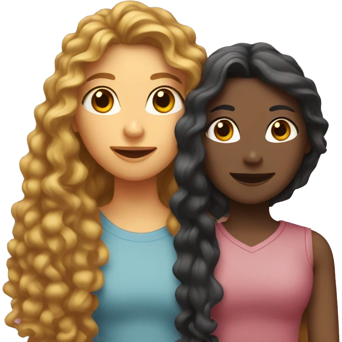 Two female friends with long hair, one is straight and the other is curly. They have the same skin tone and a heart between them. emoji