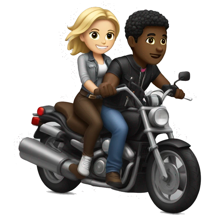 Black guy with brown hair riding motorcycle with bkack girl with blonde girl on the back emoji
