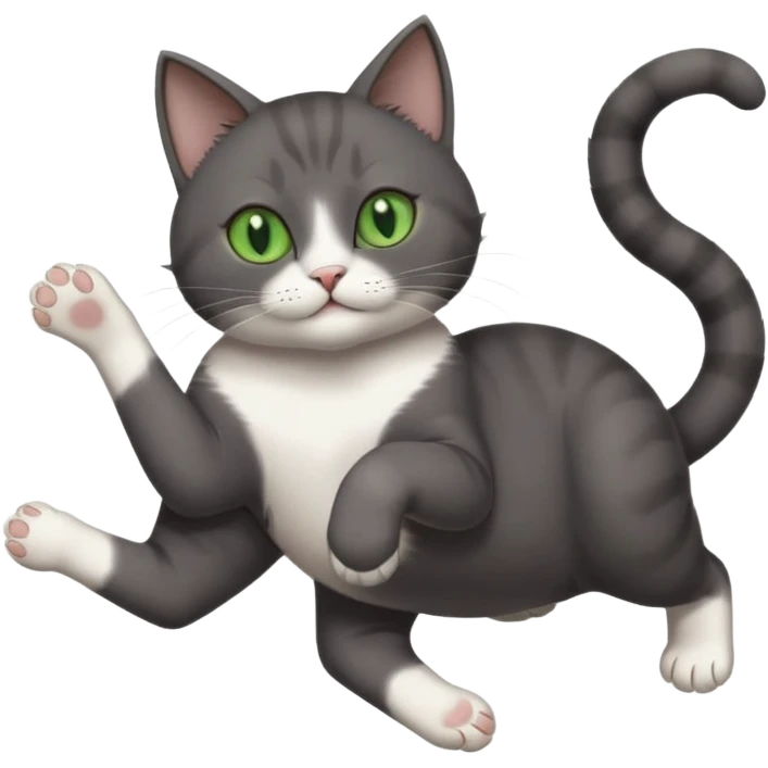 dark grey cat with green eyes, white toes/paws and white patch on her chest playfully rolling upside down emoji
