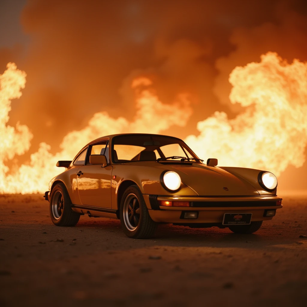 Cinematic shot, Porsche 911 in fire, desert emoji