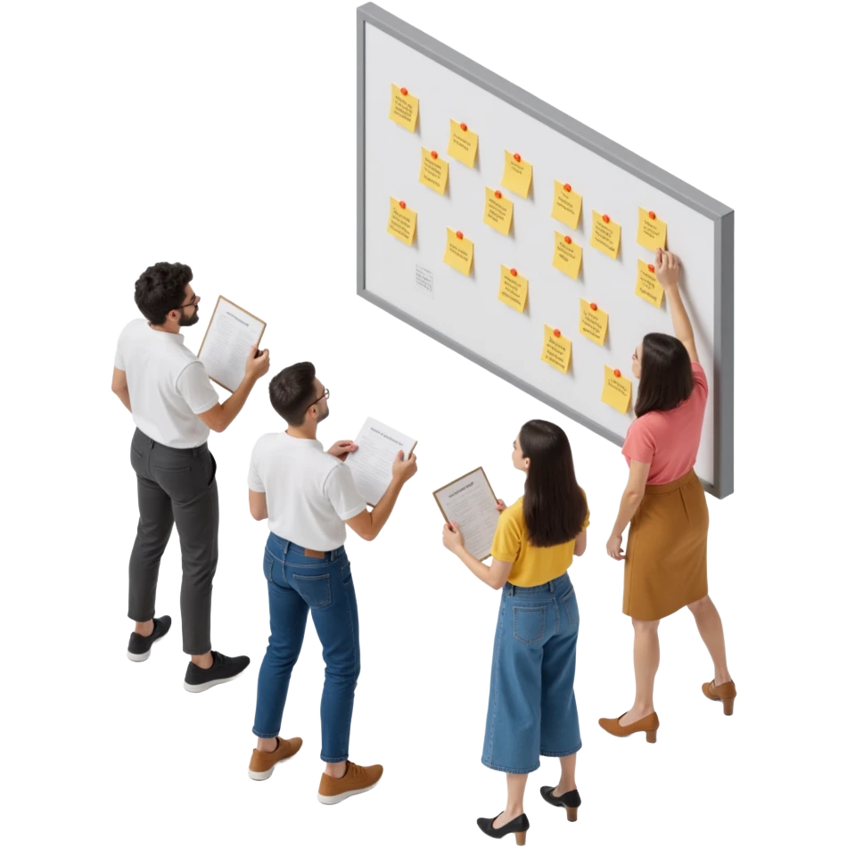 a group of creative people brainstorming at a whiteboard filled with sticky notes, skeuomorphism style emoji
