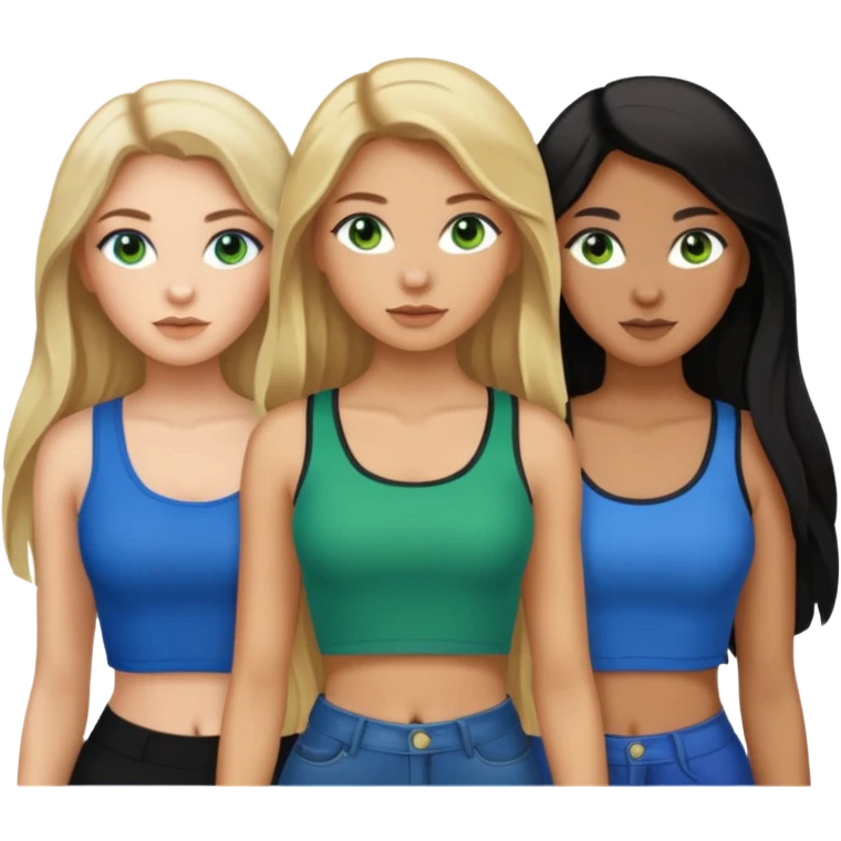 Three women, one with light skin with dark blonde long hair with green eyes, light skin black long hair with brown eyes and light skin long blonde hair with blue eyes wearing crop tops emoji