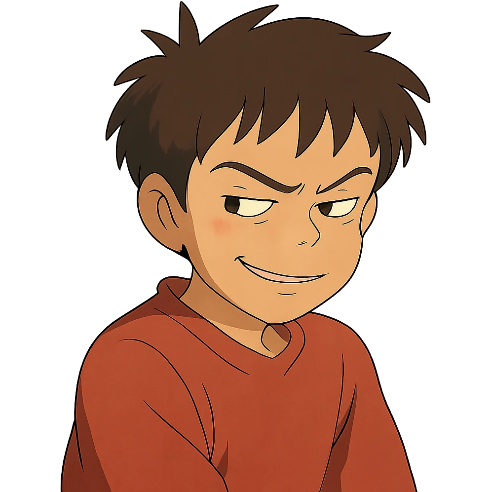 ghibli style character with a sly, suspicious look emoji