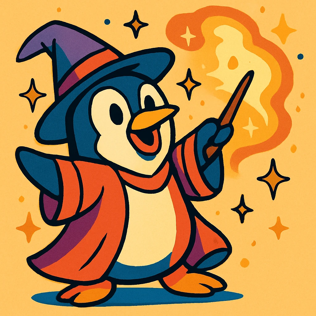 cartoon penguin wizard casting a spell, with sparkles and a magical aura, vibrant toon style emoji