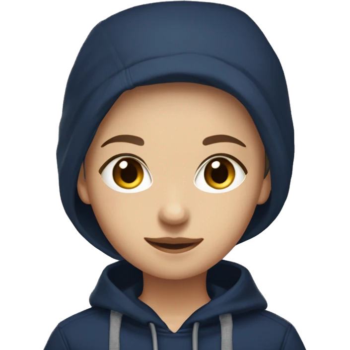 A causian girl with brown, wispy tied back hair wearing a navy blue hoodie with black cargos emoji
