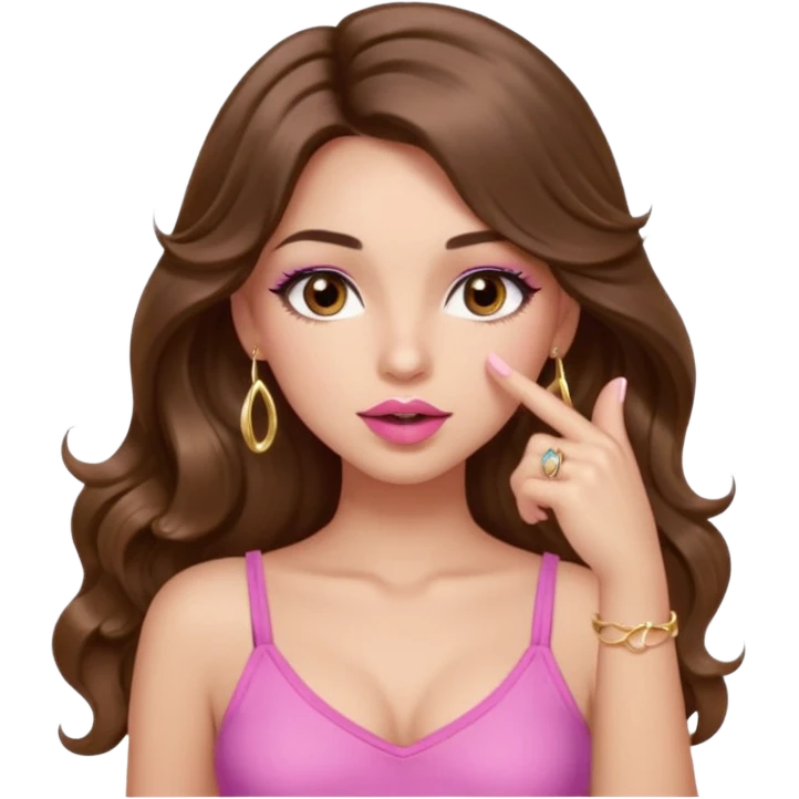 girl with long wavy brown hair, brown eyes, light to medium complexion, in a pink sexy top, pink lips, long lashes, silent motion with the hand one finger up by the mouth emoji