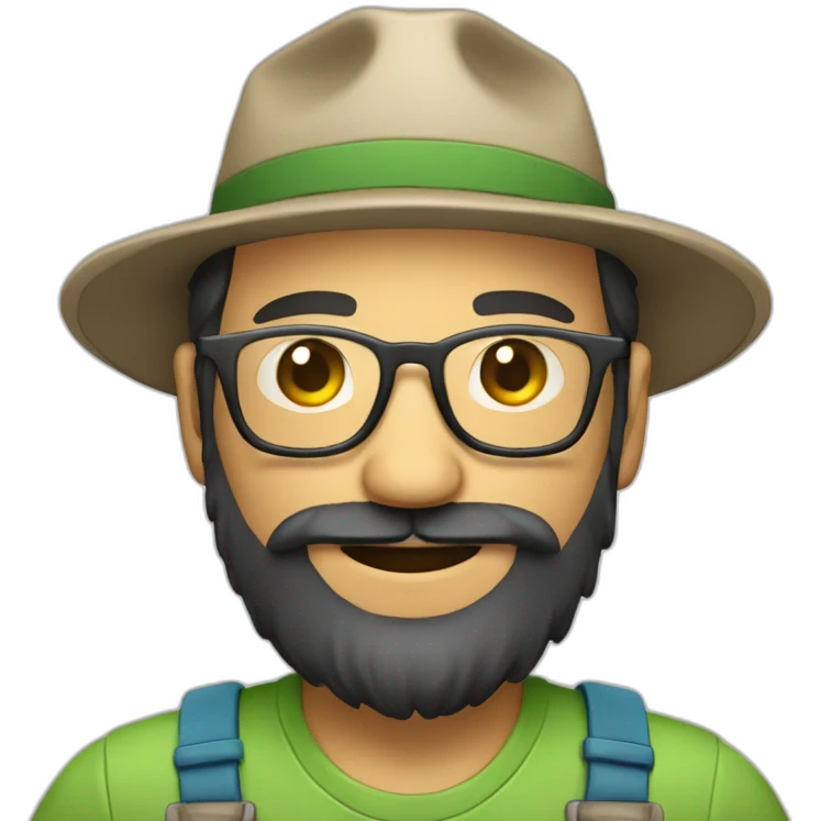 full body of an happy gardener face long dark beard and short dark hair with little transparent glasses and a hat emoji