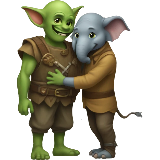 a goblin and an elephant hugging  emoji