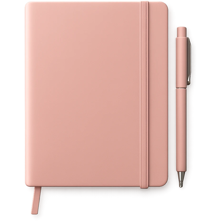 pink notebook with pen, stylish emoji