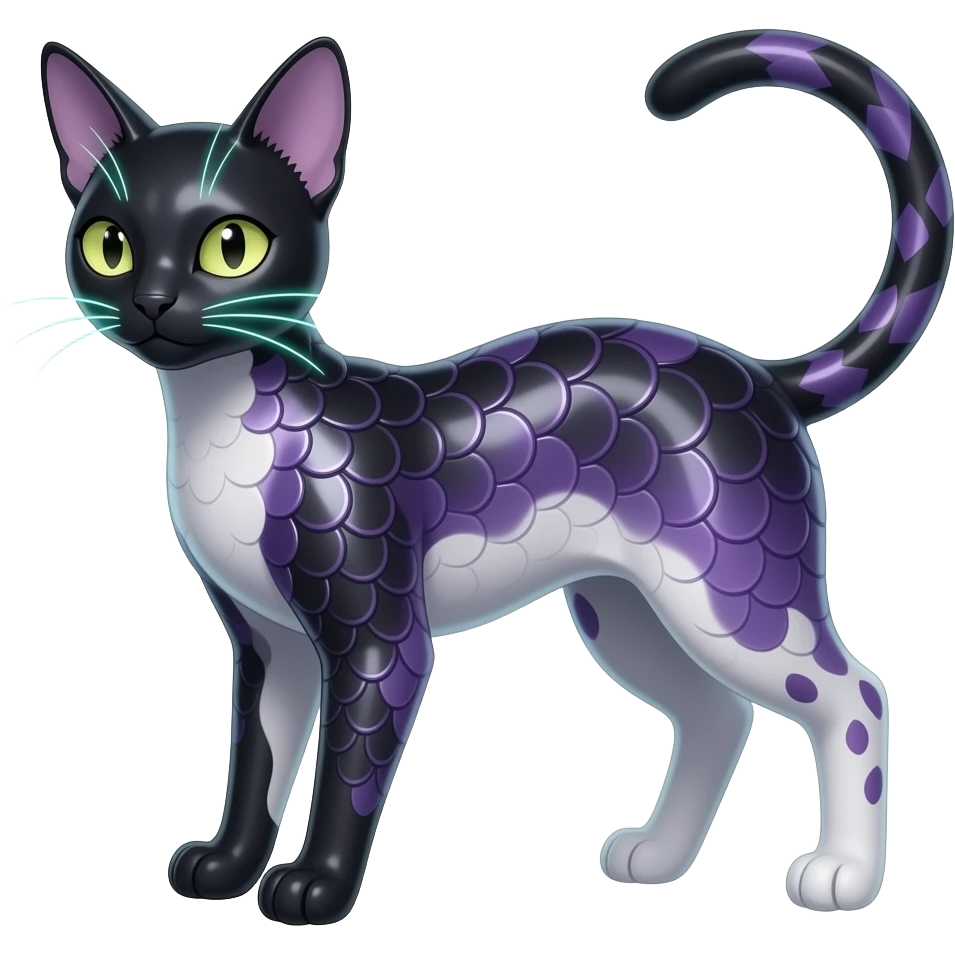 Realistic slim smooth oily shiny glossy elegant Abyssinian bioluminescent dull, scaly furry oil-blackish oily greyish, purplish, whitish abyss-fantasy-Zorua-Sprigatito-Absol-feline-Fakémon-fusion, with thin neon-glowing bulb-whiskers, koi-piebald-flecked full body emoji
