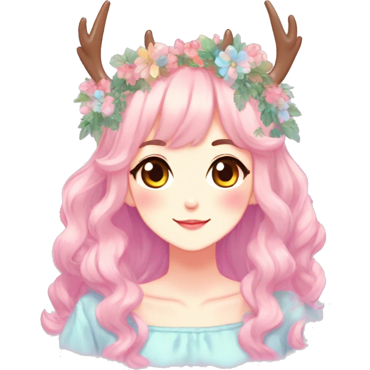 Gorgeous Shiny Colorful Pastel Anime Style Mature Lady with blushing face and pretty hair with a flower crown and antlers pastelcore kawaii cottagecore fairycore aesthetic trending style emoji