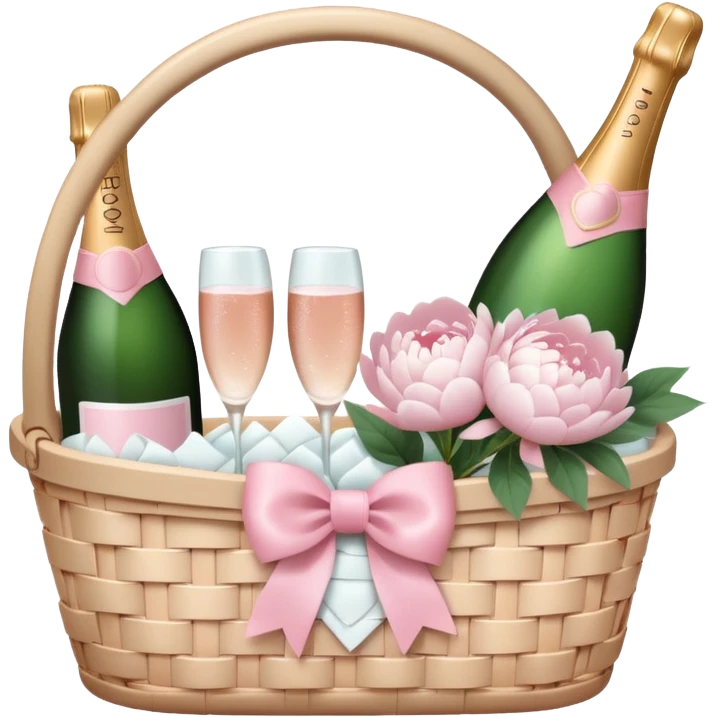 White Picnic basket with light pink bow and white peonies and a pink champage bottle inside emoji