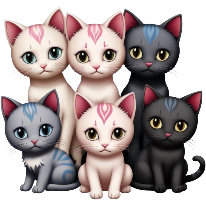 two emo cats in love with tattoos and cool hair, surrounded by five emo kittens emoji