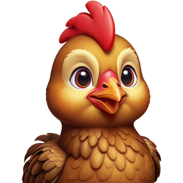 Cinematic Cute Brown Chicken Portrait Emoji, Head tilted playfully and inquisitively, featuring a lustrous brown feathered coat with a natural sheen and a subtle red comb, round, sparkling beady eyes filled with curiosity, Simplified yet irresistibly adorable features, highly detailed, glowing with a warm, friendly glow, high shine, affectionate and lively, stylized with a touch of country charm, bright and endearing, soft glowing outline, capturing the essence of a mischievous yet loving chicken, so playful it feels like it could peck out of the screen and into your arms! emoji