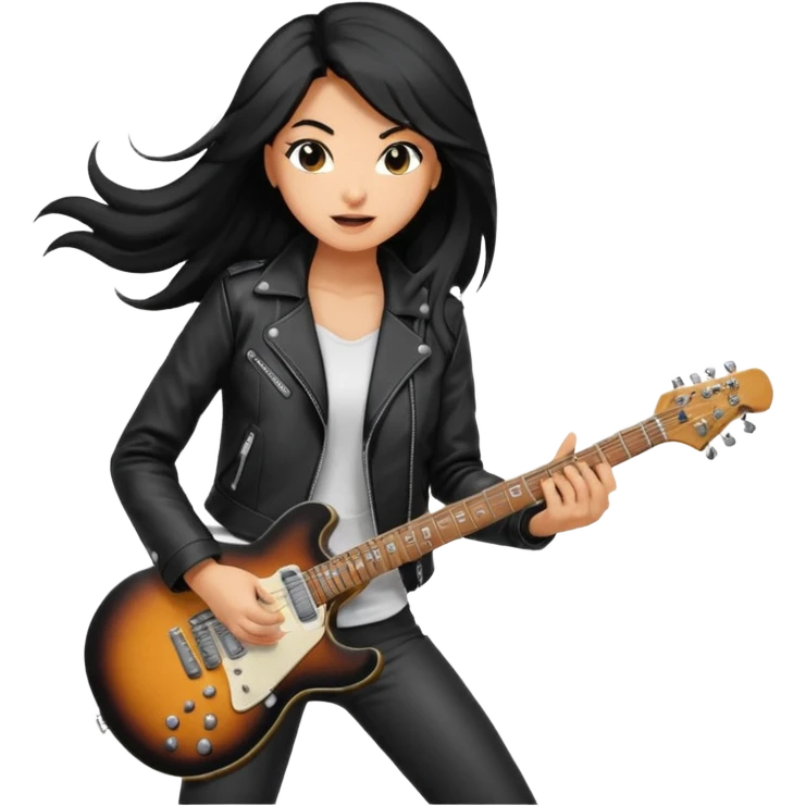 Young woman – standing on stage, leather jacket, playing electric guitar, energetic pose emoji