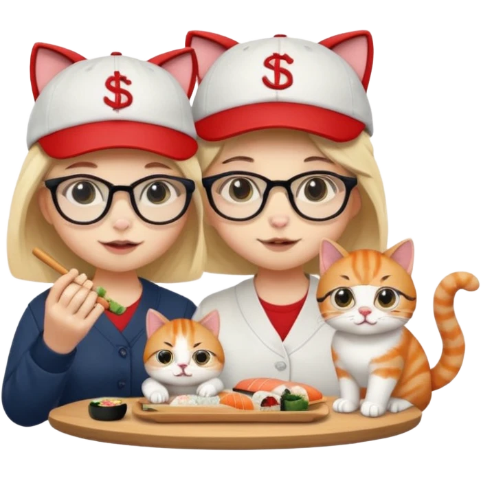 cute girl cat wearing glasses and a cute boy cat wearing a baseball cap eating sushi together emoji