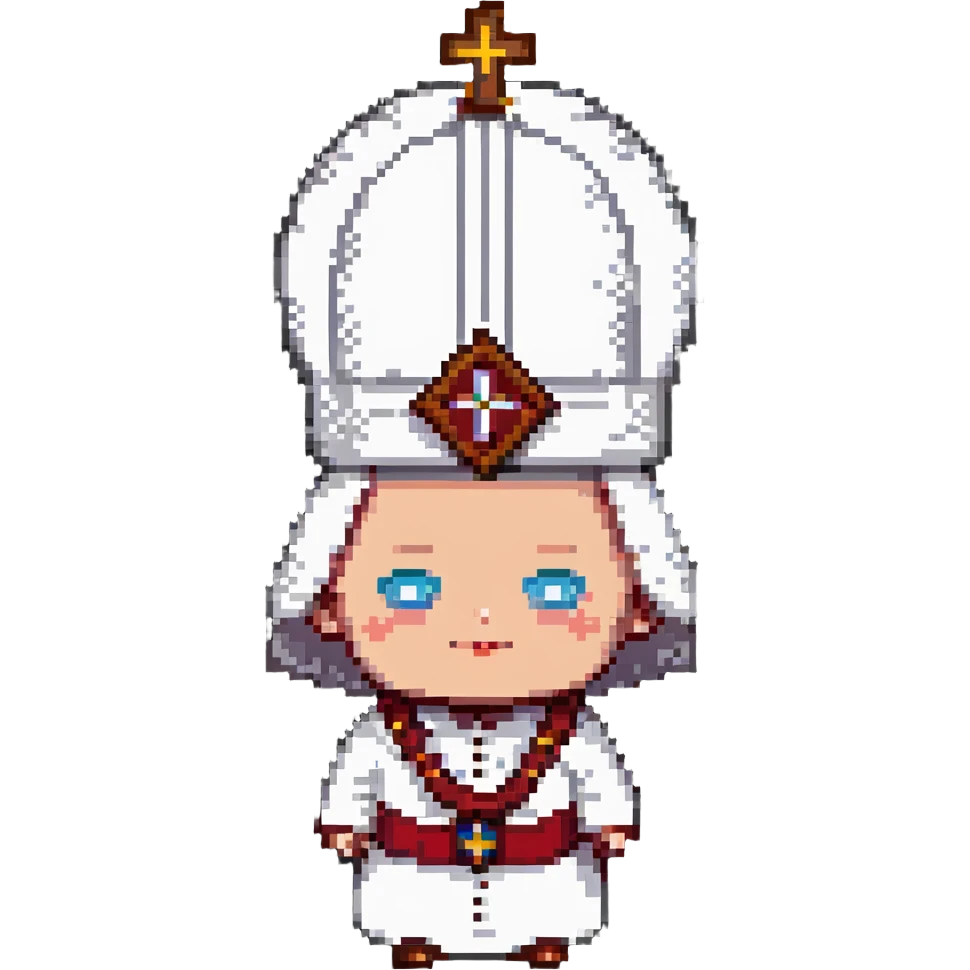 pope, classic religious attire, mitre hat, neutral background, pixel art style emoji