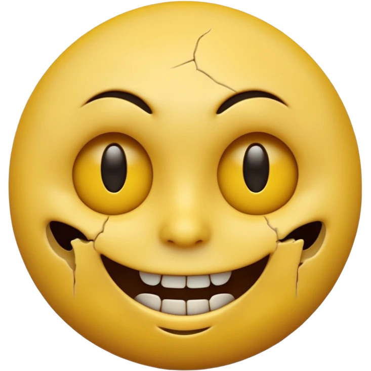 A horror-style emoji face, round yellow emoji shape, distorted facial expression, dark hollow eyes, creepy smile, cracked surface, unsettling mood, high detail, 3D render
 emoji
