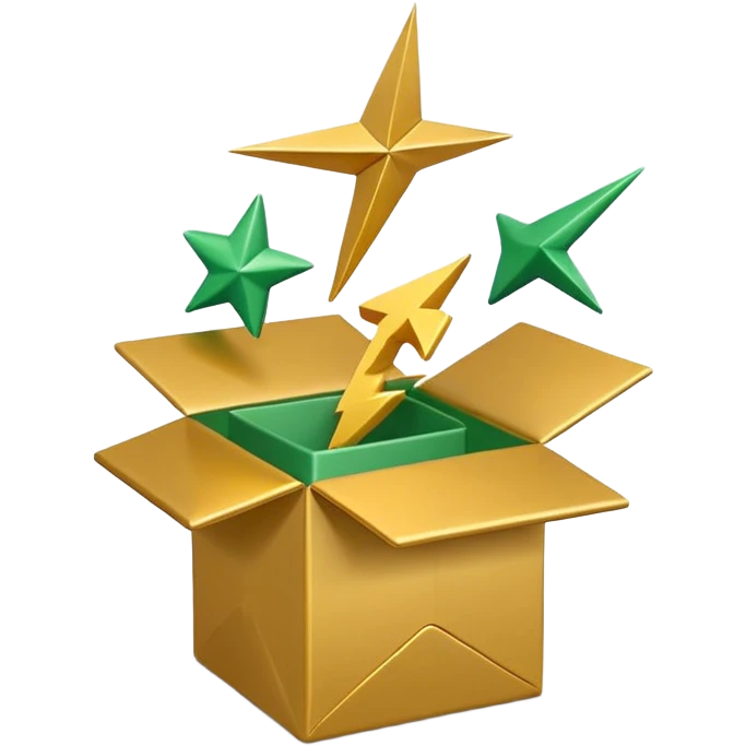 3D minimal open box with small floating icons coming out (envelope, lightning bolt, star), soft matte finish, deep green (#0B3D2C) box, gold (#C9B037) floating icons, Apple style, ultra clean and sleek, very soft ambient shadow, transparent background emoji