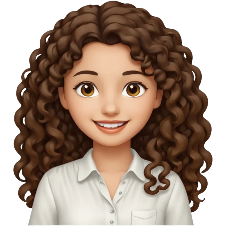 Morena, pele escura, cabelo longo cacheado, pequena e com uma blusa branca sorrindo emoji
