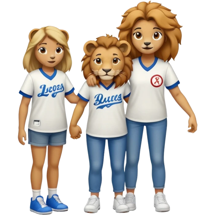 friendly anthropomorphised female lion wearing a baseball shirt, jeans, and trainers, comforting another character emoji
