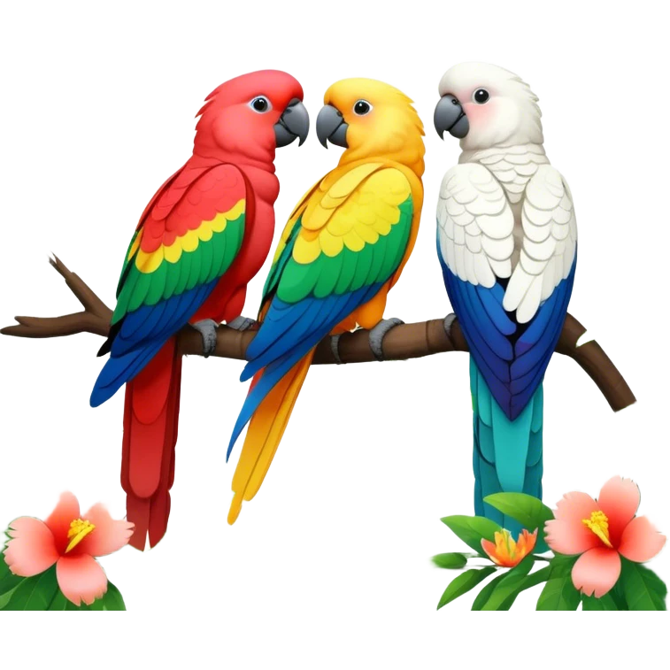 Close-up collage of vibrant Ara parrots and Inca cockatoos sitting on tree branches, surrounded by lush greenery. Bright colors of the birds stand out against a natural, sunny background of trees and flowers. Transparent background. emoji