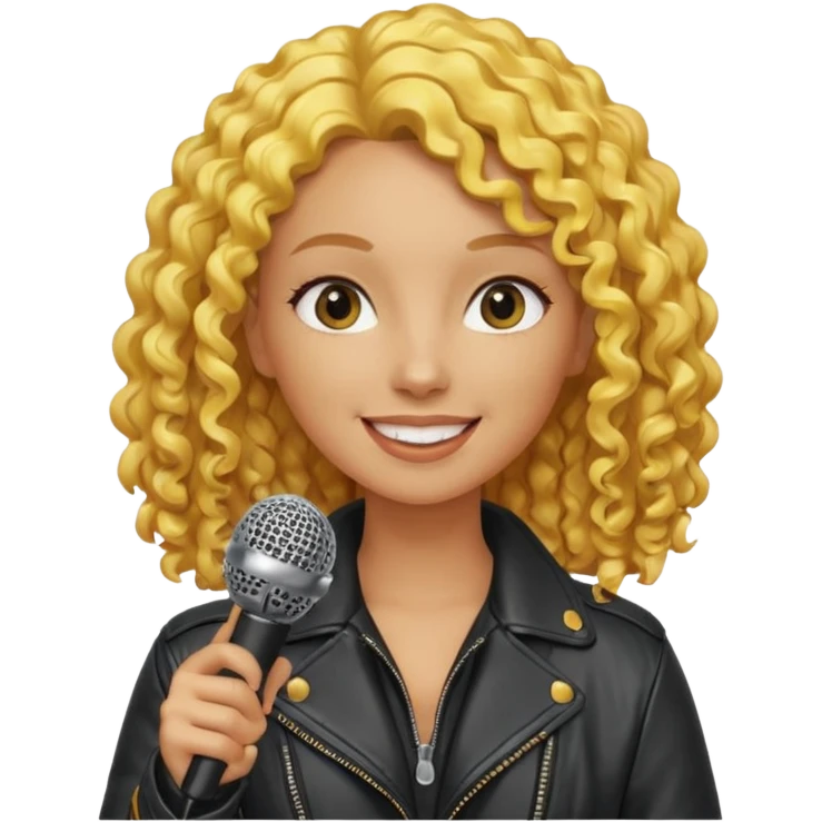 lether jacket  curly yellow hair woman holding microphone emoji