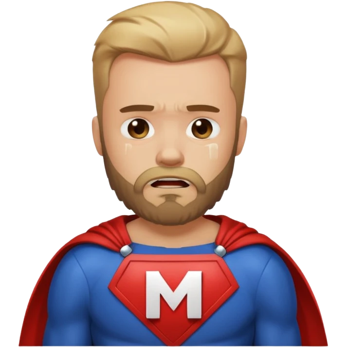 бородатый мужчина в костюме супер героя с буквой М на груди плачет emoji