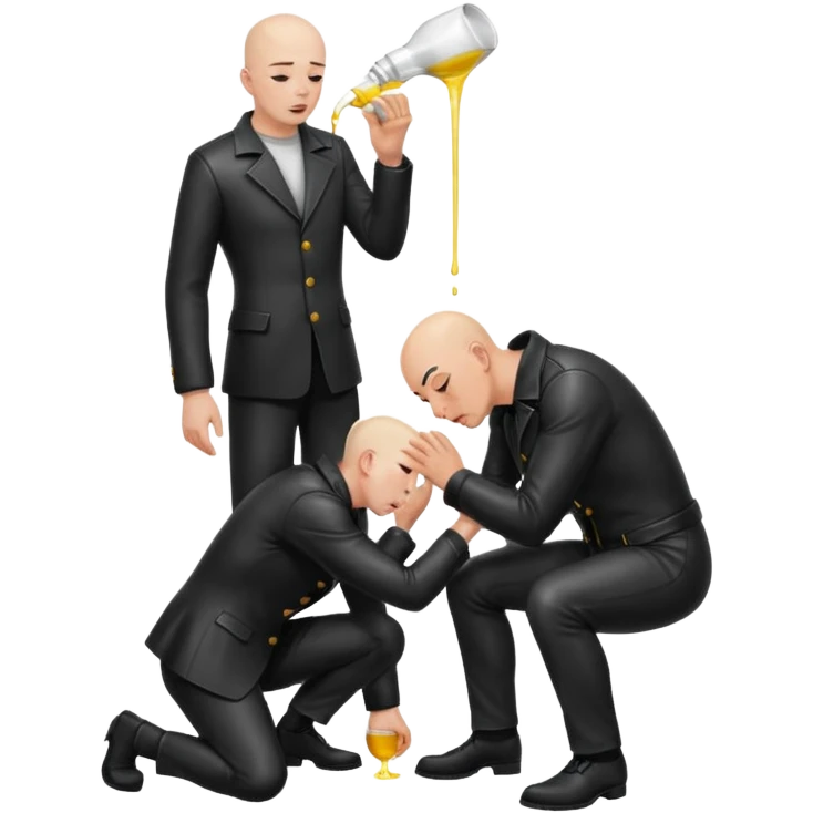 Bald man on his knees submissive to tall, standing man in leather, pouring piss down his throat emoji