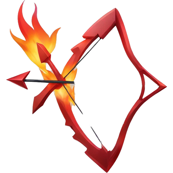 Bow with arrow sculpture symbolizing sagittarius with a geometric, faceted design. The symbol is standing upright with angular and disney features. The vibrant red flame colors highlights the sharp edges and planes. emoji