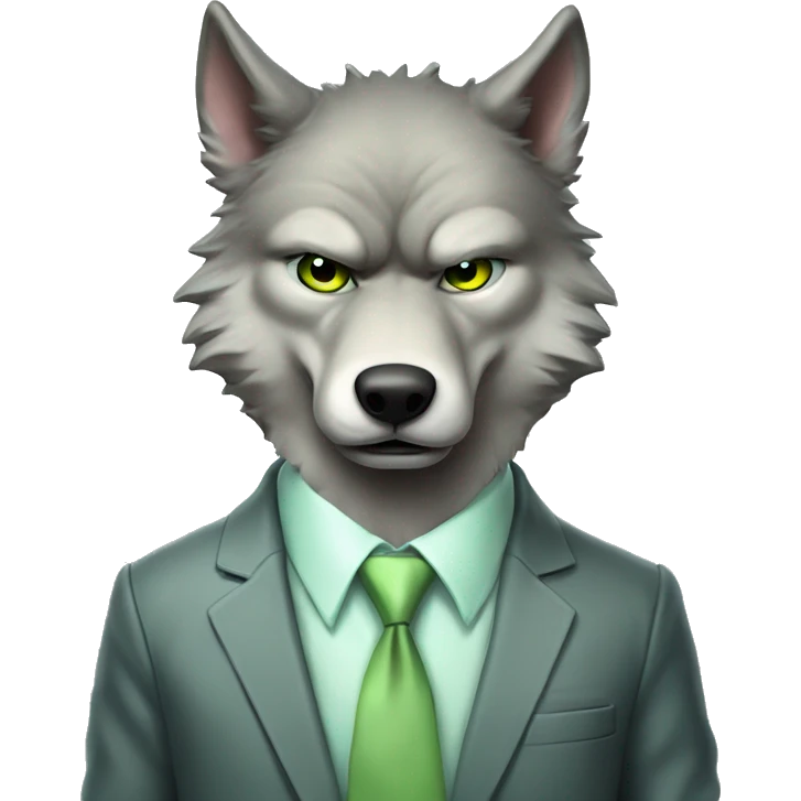 Portrait of Big Bad Angry Wolf with a human-like face wears a sleek jacket light grey and a pastel green tie like a salesman and eyes color matching the tie emoji