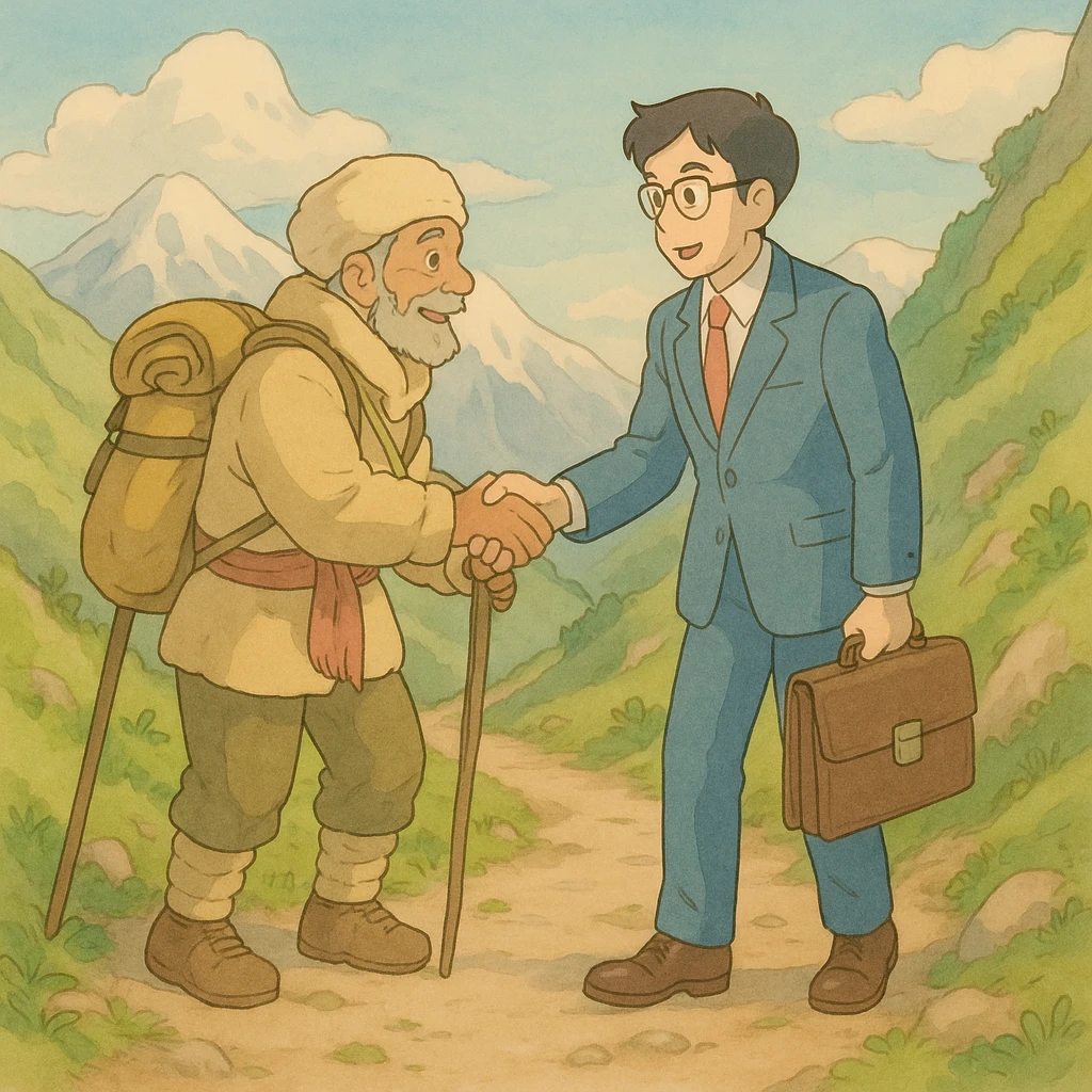 ghibli style sherpa and businessperson collaborating on a mountain path with soft colors emoji
