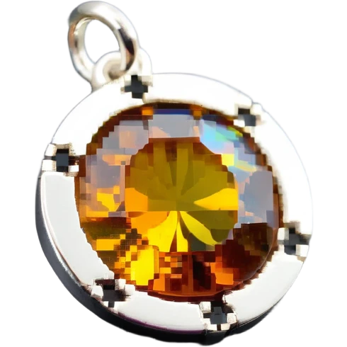 extreme close up of a round cut holographic amber charm with silver metal accent emoji