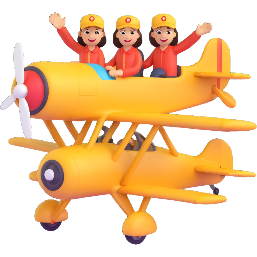 two happy people waving from a biplane, 3d emoji style emoji