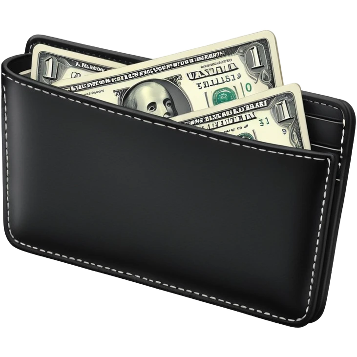 black wallet with a single one dollar bill inside, just one dollar emoji