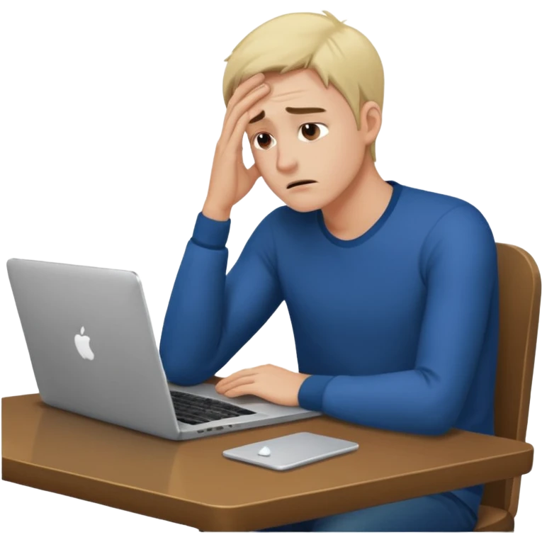 man sitting at table, laptop, tired, dramatic gesture emoji
