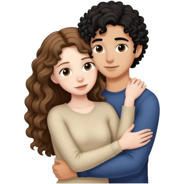 girl with long light brown hair and pale skin hugging a boy with black curly hair and tanned skin emoji