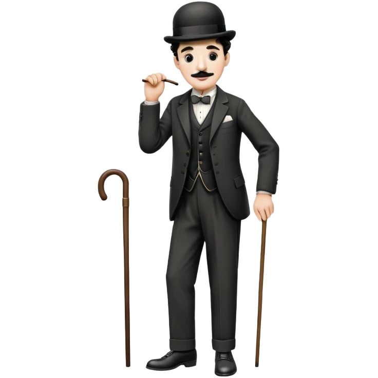 Charlie Chaplin with bowler hat, small mustache, suit, cane, and classic pose emoji