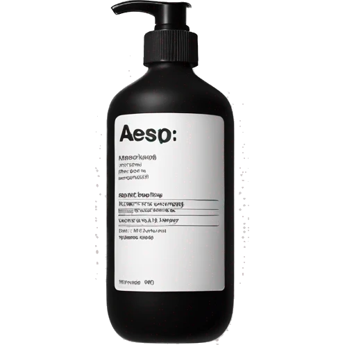 Liquid soap bottle by brand Aesop – black bottle with white label emoji