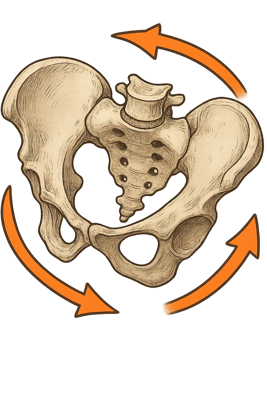 Bacino anatomico ruotato in senso orario con le frecce per far capire emoji